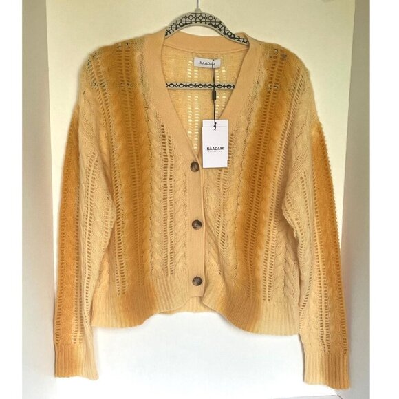 Naadam Lofty Cable Knit Cashmere Cardigan Large Yellow Ombre V-Neck Sweater - Picture 1 of 8